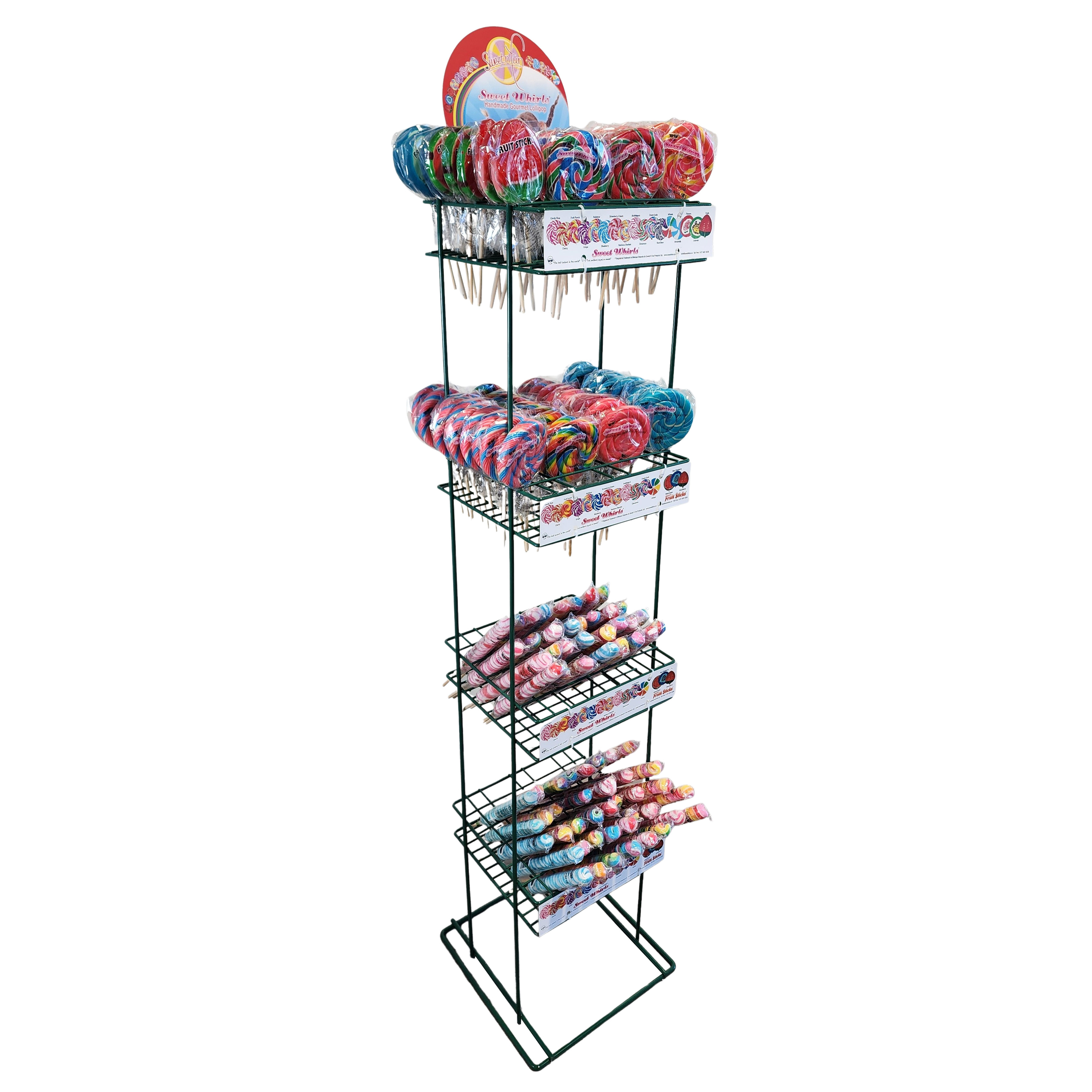 forest green 4 layer, wire display, floor standing rack. currently displaying sweet whirls